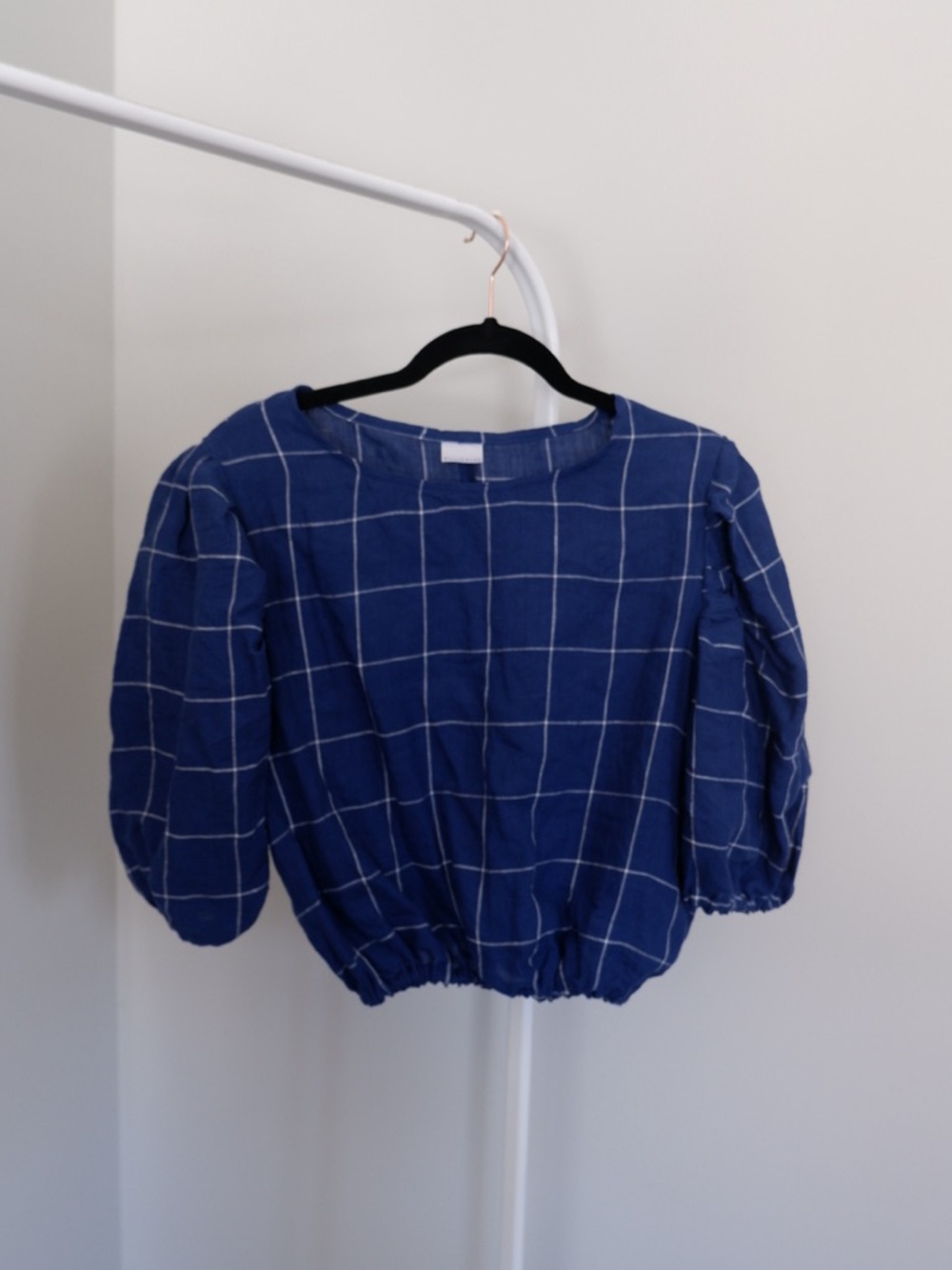 SOLD | Millie & Lou Blue Windowpane Plaid Puff Sleeve Linen Crop Top - S/M